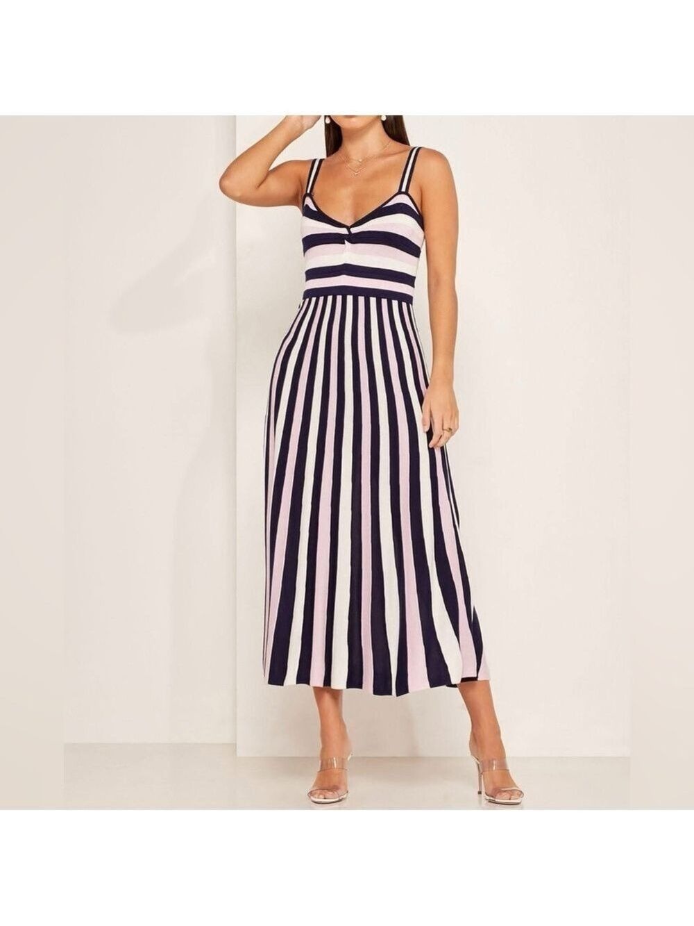 New Foxiedox Navy Pink White Stripe Pleated A-Line Knit Maxi Dress size medium